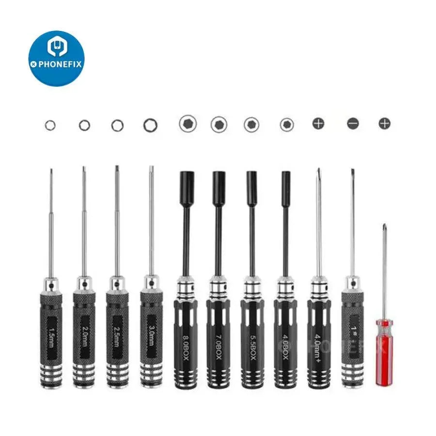 PHONEFIX multi-function screwdriver set in a tool bag, designed for RC drone and car repair tools, with various screwdrivers visible.