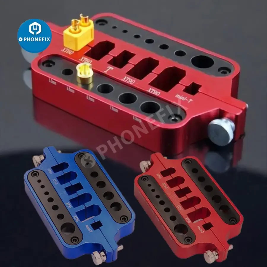 PhoneFix multi-function XT60/90 T plug connector soldering tool holder for RC car and drone repair tools.