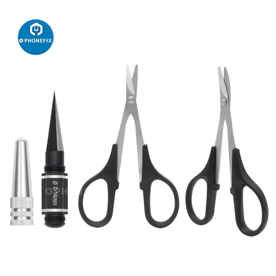 PhoneFix RC drone repair tools, curved and straight scissors with body reamer for precise RC car body adjustments.