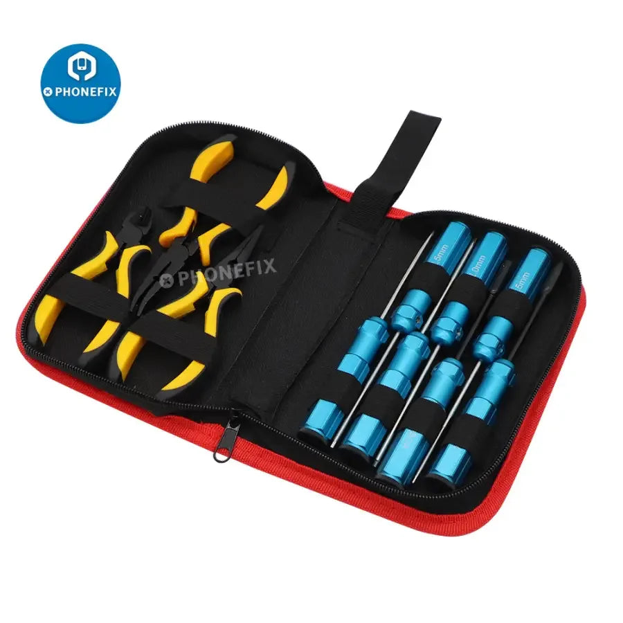 PHONEFIX 10-in-1 RC screwdriver pliers toolkit for RC cars and helicopters, with various hex repair tools for drone maintenance.