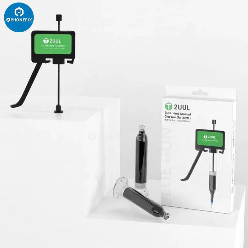 Manual glue gun with 30ml tube for solder paste and UV oil, repair assist tool by PHONEFIX, held in hand with a nozzle tip visible.