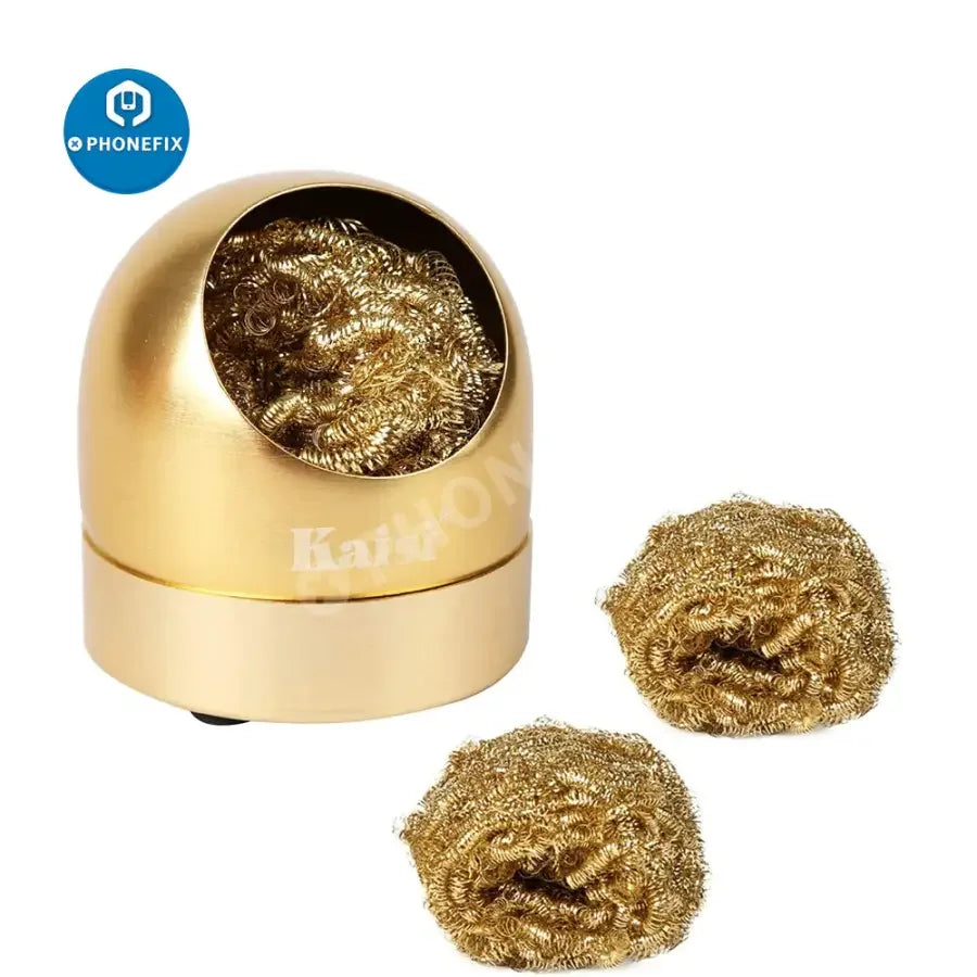 PHONEFIX soldering iron tip cleaner holder with brass wire for phone repair, featuring a compact design and cleaning tools.