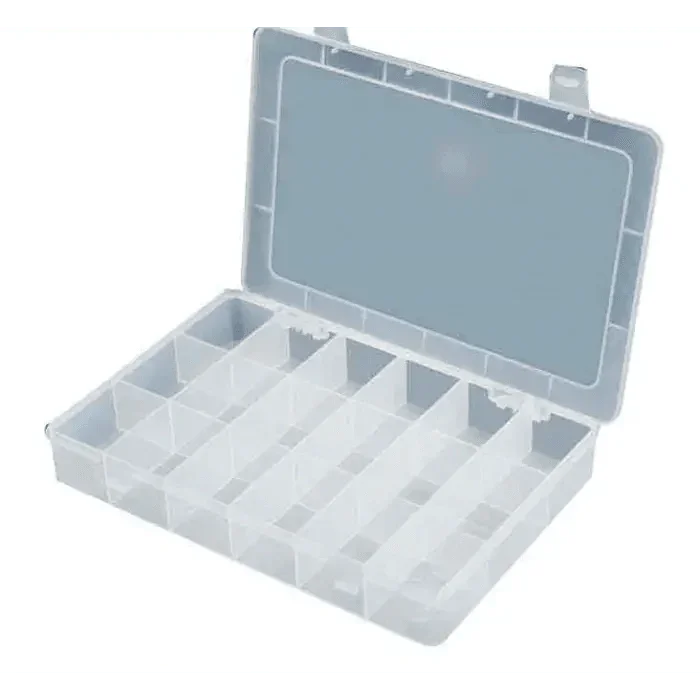 18-grid transparent plastic storage box by PHONEFIX, compact compartment organizer for repair tools and small parts.