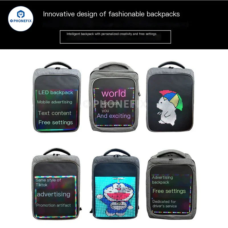 PHONEFIX LED backpack for DIY advertising and business, used for phone and laptop repair tools, with bright LED illumination.