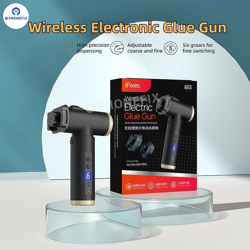 iFixes iG13 electric dispensing gun for glue paste, repair assist tool by PHONEFIX, with 50cc cartridge visible in the image.