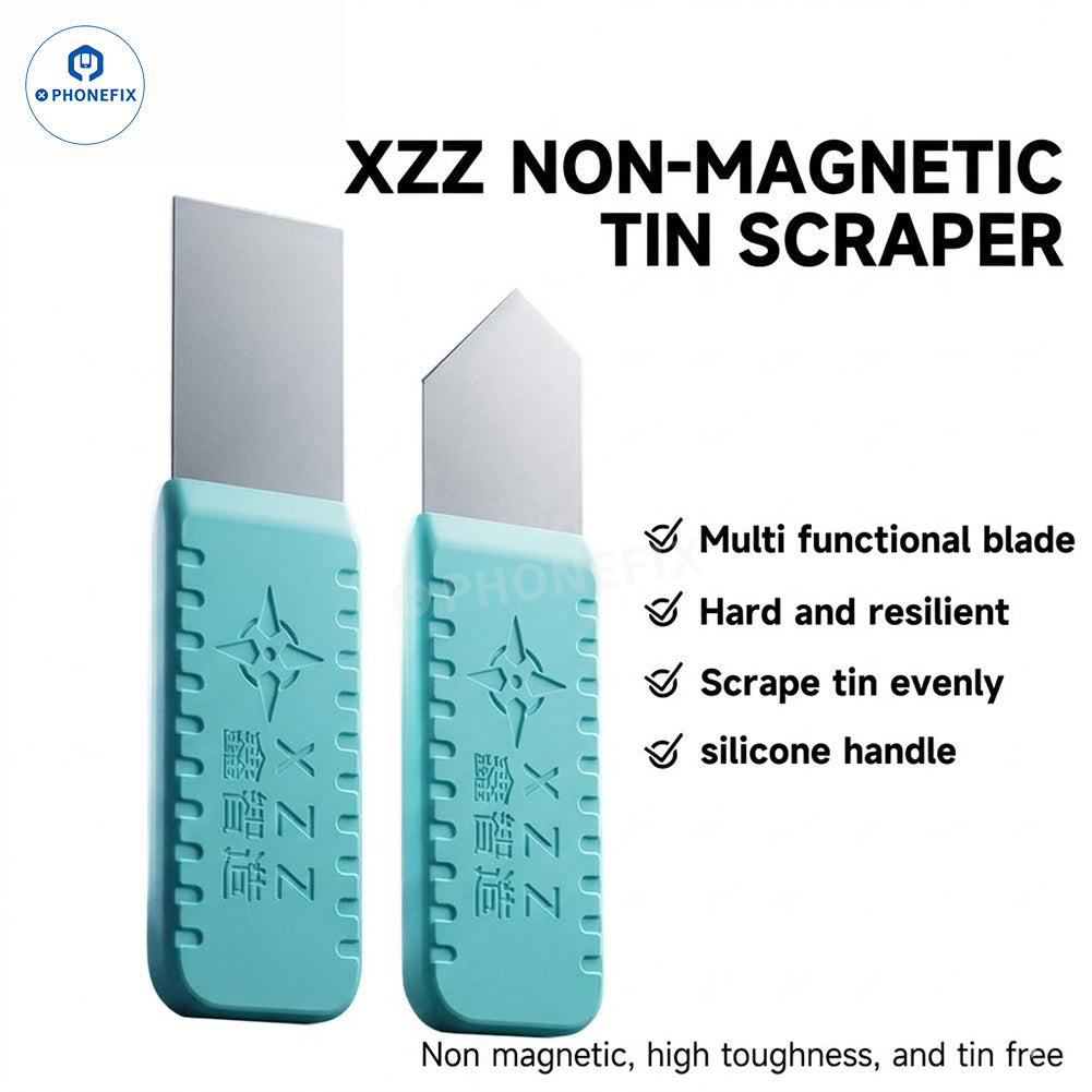 XZZ non-magnetic solder paste tin scraper for phone BGA PCB repair, repair assist tool from PHONEFIX, showing the metal scraping edge