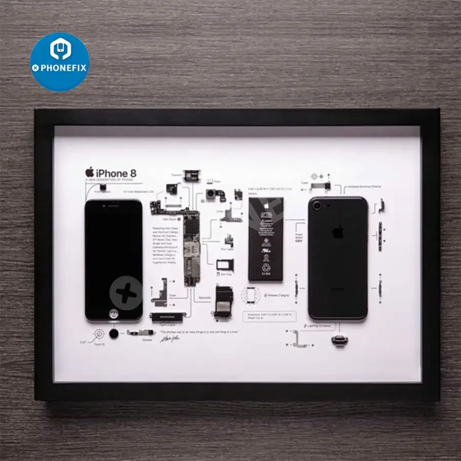Apple 3D disassemble photo frame for old iPhone collections, framed, featuring repair assist tools by PHONEFIX.
