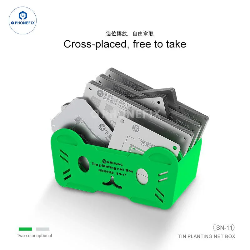 Steel mesh storage box for BGA reballing stencil and repair assist tools by PHONEFIX, used for organizing electronic repair components.