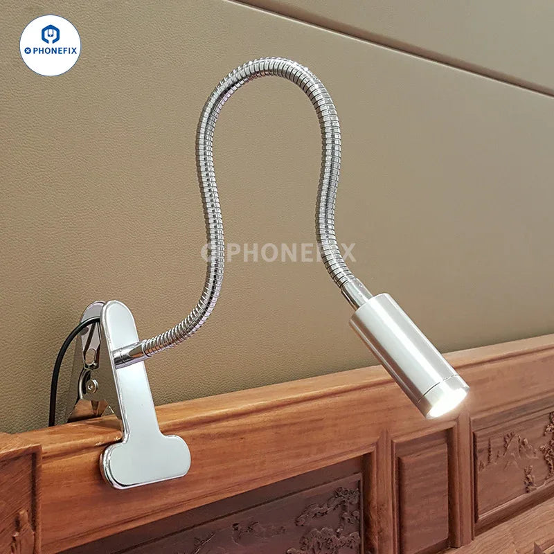 Dimmable LED ring light from PHONEFIX with clamp, eye care design, ideal for reading and desk work, USB-powered.