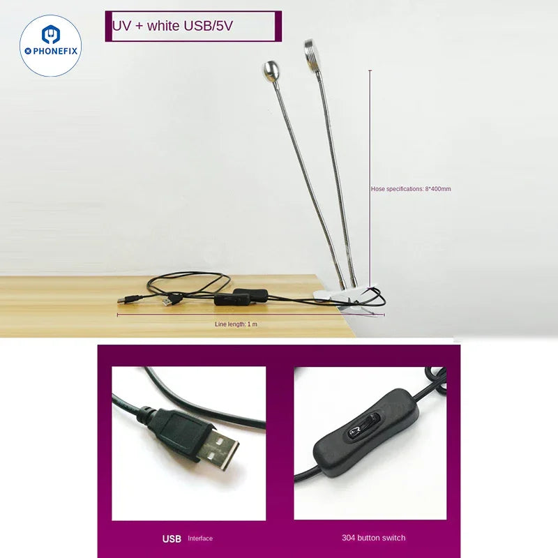 PhoneFix 5V USB LED curing light ring lamp with dual UV tubes for shadowless UV glue curing, compact and portable design.