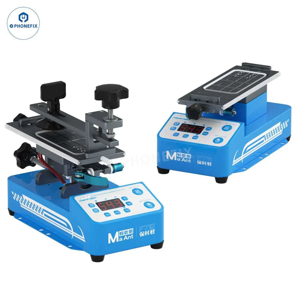 PHONEFIX MaAnt F711 F712 rotary heating separator for phone screen frame removal, showing the device and screen frame in use.