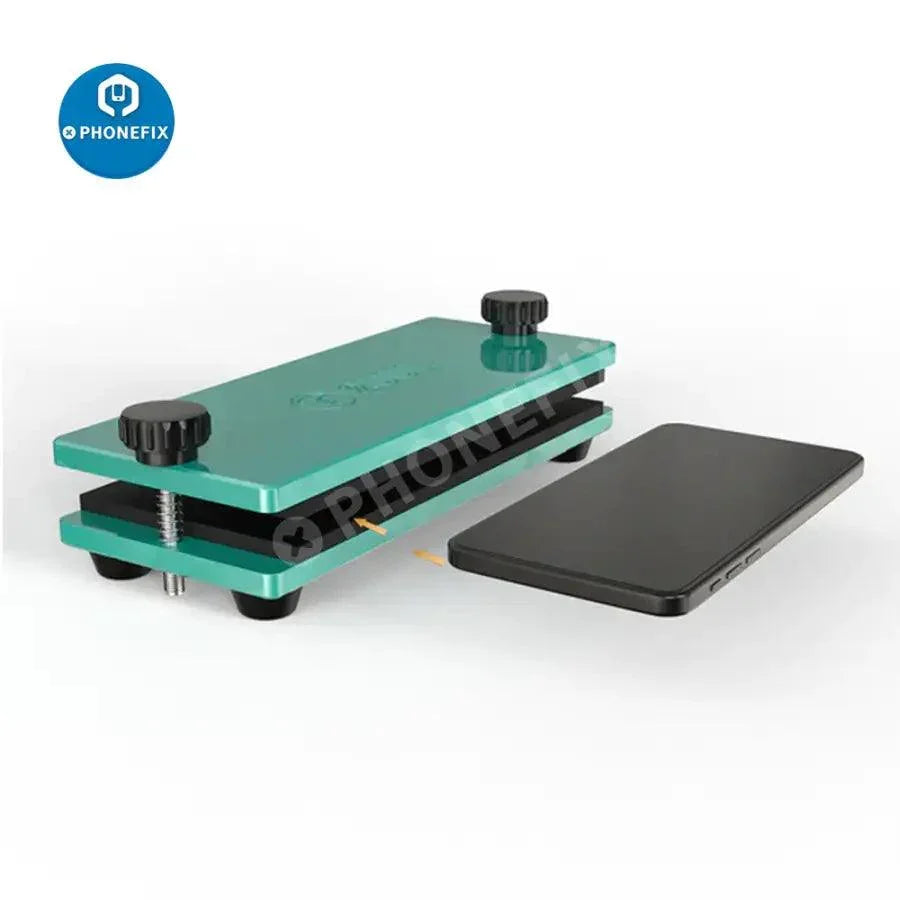 Universal press clamp fixture for phones and tablets, used to hold screens securely during repairs by PHONEFIX.