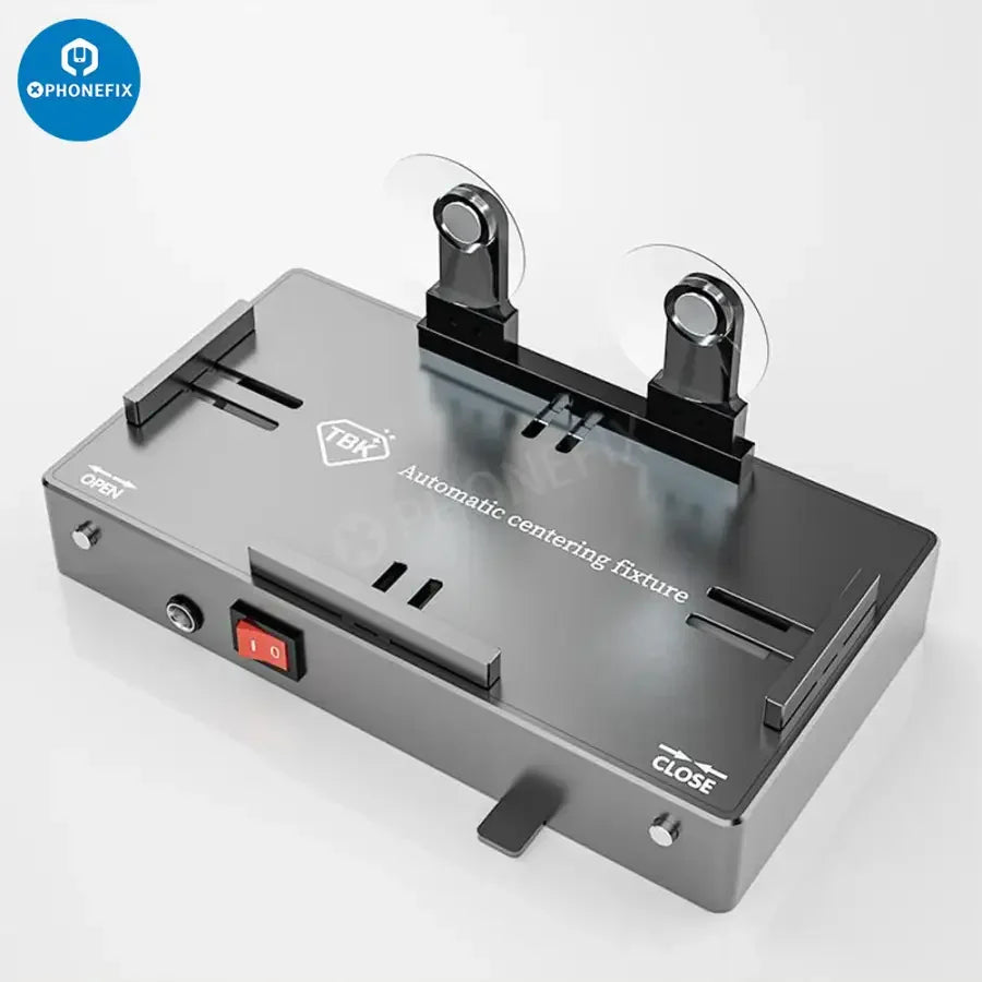 PhoneFix TBK 205 automatic centering fixture for protective positioning mold used in screen opening and repair processes.