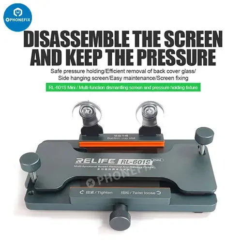 RELIFE RL-601S Mini Dismantling Screen Pressure Holding Fixture for phone screen opening, used in phone repair.