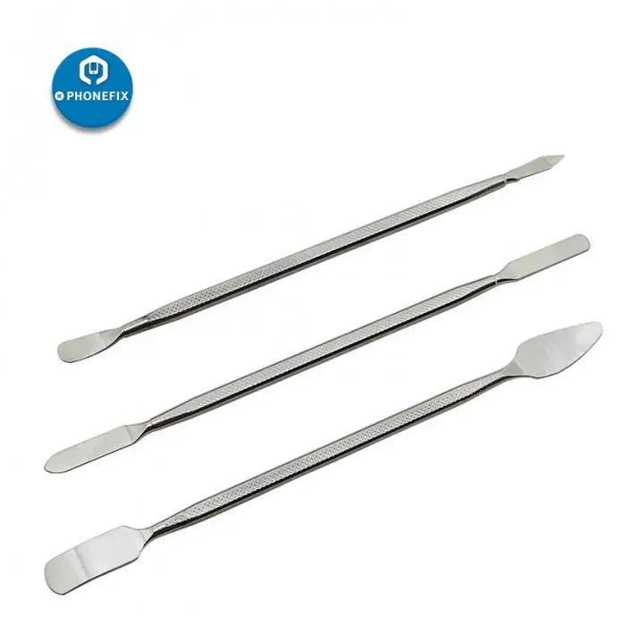 Set of three metal spudger pry tools for phone screen opening and disassembly repair by PHONEFIX.