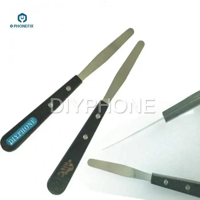 Stainless steel crowbar pry bar for smartphone disassembly, used as a phone opening tool for iPhone repair by PHONEFIX.
