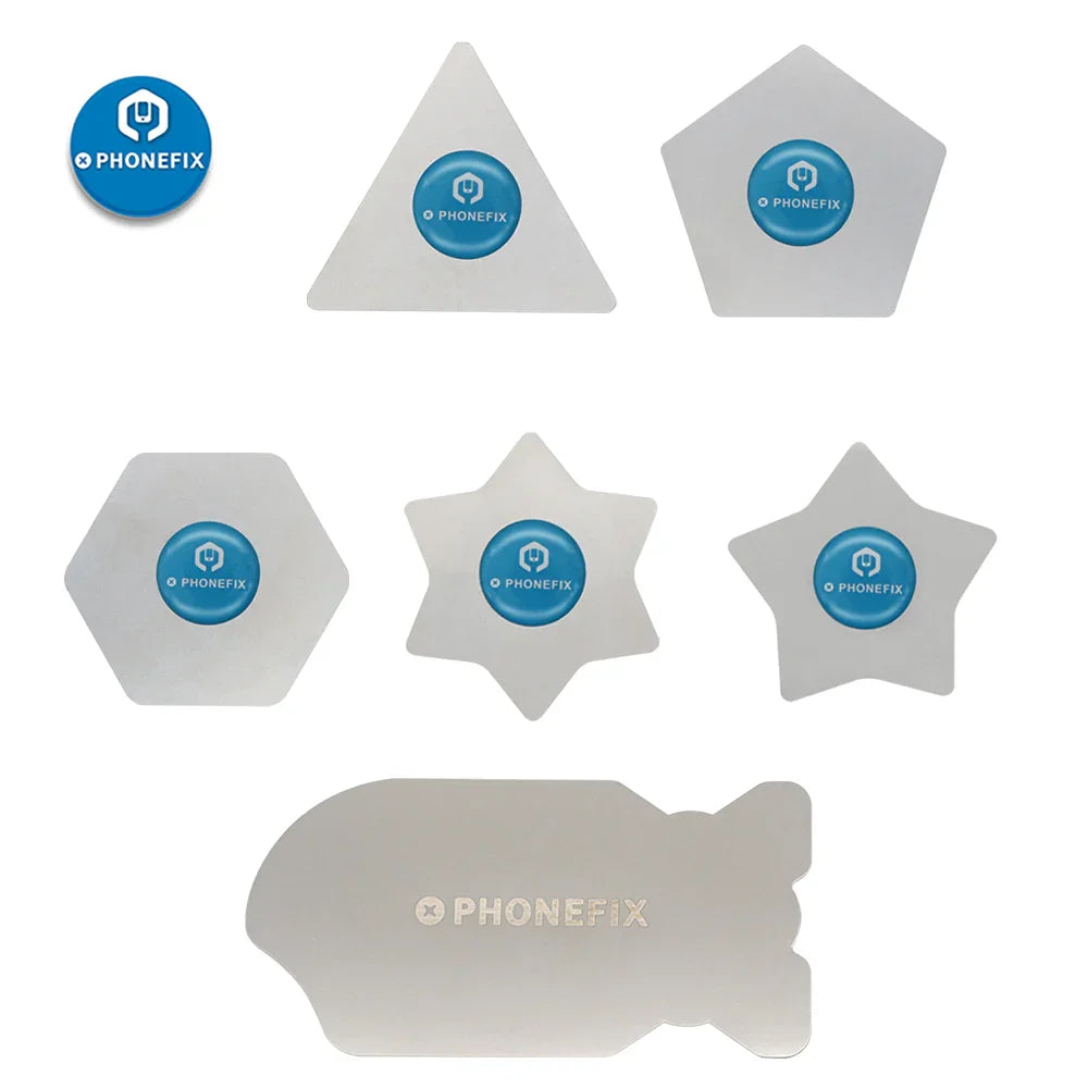 Six stainless steel phone screen opening tools for LCD repair, including pry tools from PHONEFIX for safe phone screen removal.