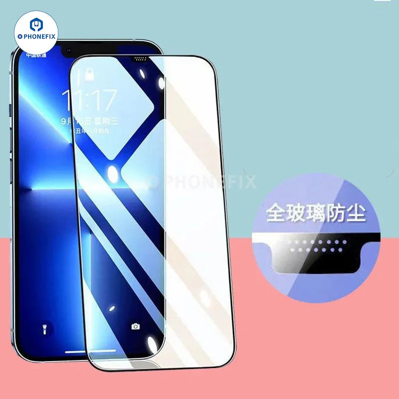 PhoneFix explosion-proof tempered glass screen protector for iPhone 15/16 Pro Max, showing a clear, durable film on the device screen.