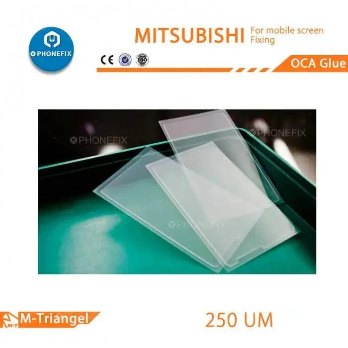 Clear OCA film adhesive for iPhone screen protectors, designed by PHONEFIX, with optical clarity for precise screen adhesion.