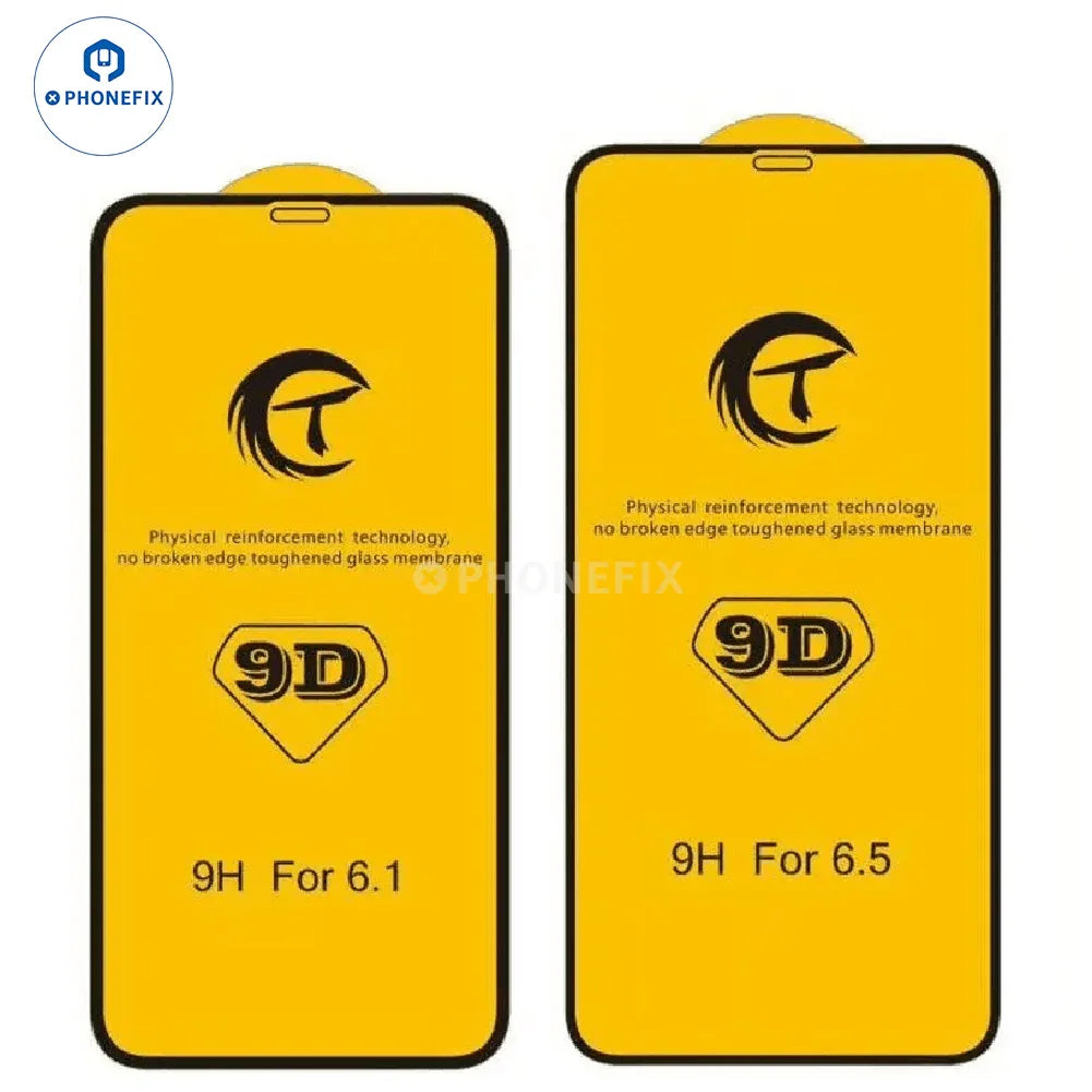 PHONEFIX 9D curved full cover tempered glass screen protector for iPhone, showing clear, durable protection with rounded edges.