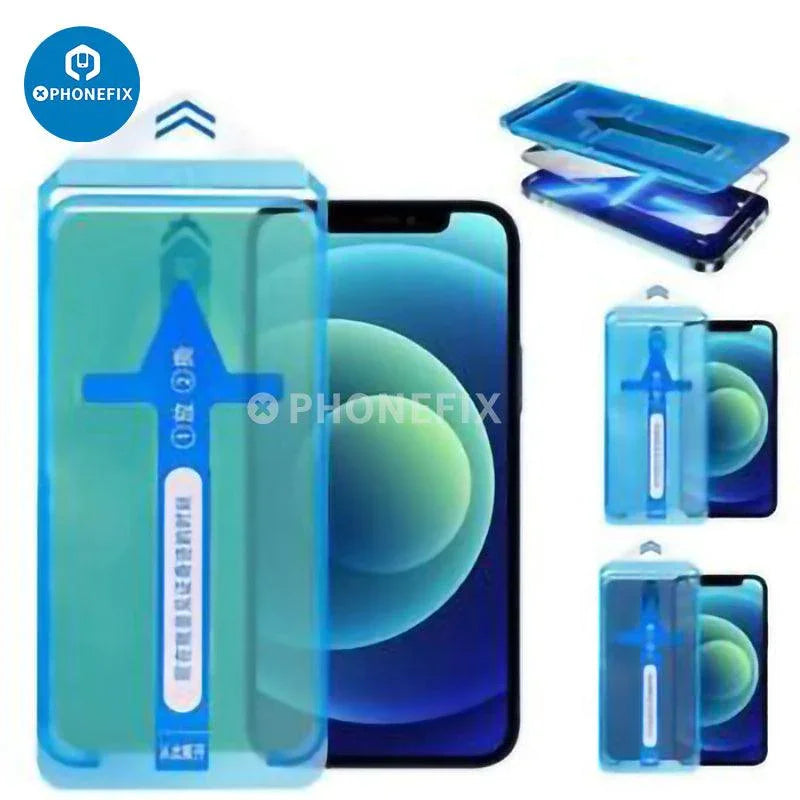 PHONEFIX iPhone screen protector tempered glass auto-alignment kit showing tools and film for precise application.