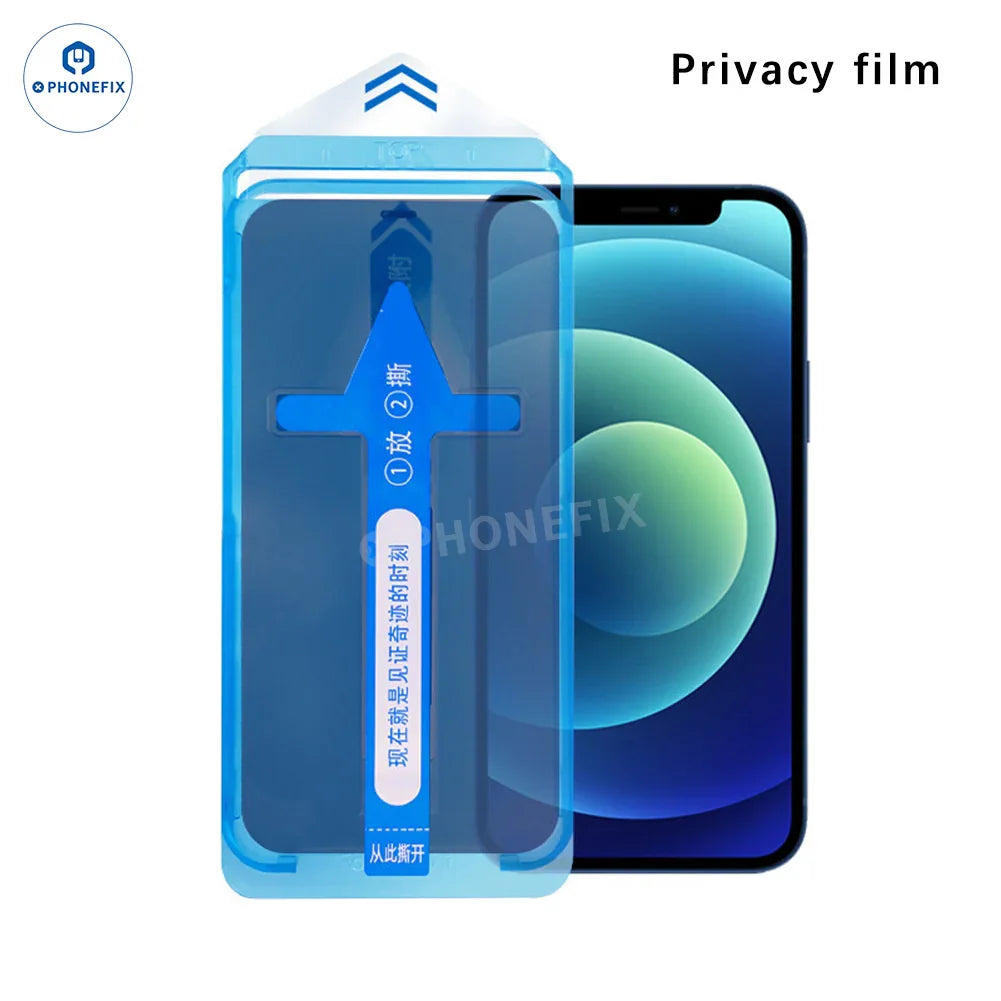 PHONEFIX iPhone screen protector film with auto-alignment kit, showing privacy film for screen protection and easy installation.