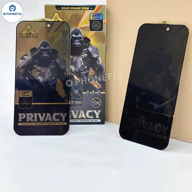 HD privacy tempered glass screen protector for iPhone 16-17 Pro Max by PHONEFIX, showing clear front view with protective film.