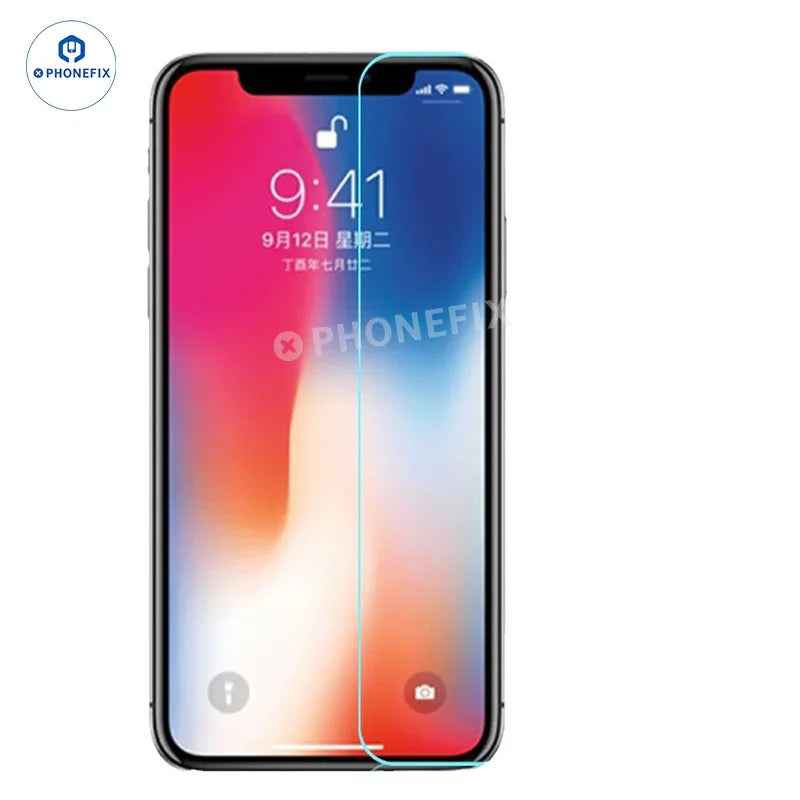 PhoneFIX tempered glass screen protector for iPhone X to 17 Pro Max, clear protective film covering the phone screen.