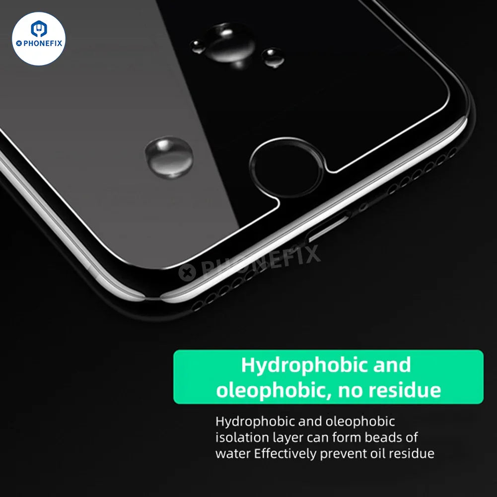 PHONEFIX tempered glass screen protector for iPhone X to 17 Pro Max, showing clear, durable film covering the device screen.