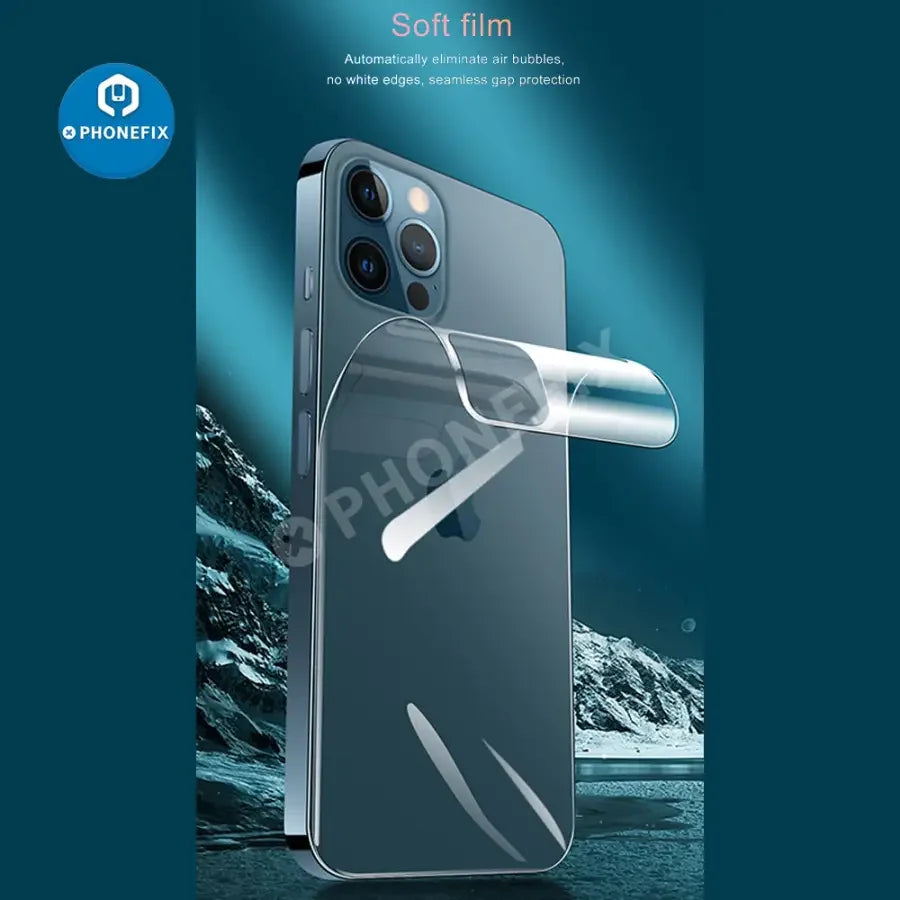 PHONEFIX full cover hydrogel film for iPhone X-13 Pro Max screen protector back film, protects and enhances display clarity.