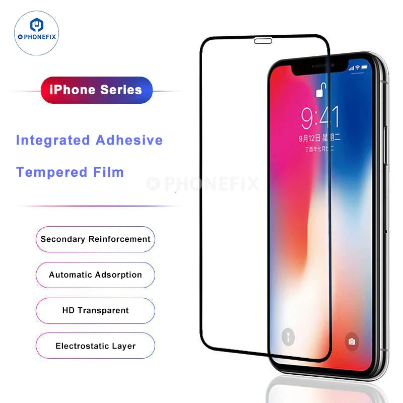 PHONEFIX iPhone full cover automatic adsorption HD tempered glass screen protector displaying clear, edge-to-edge protection.