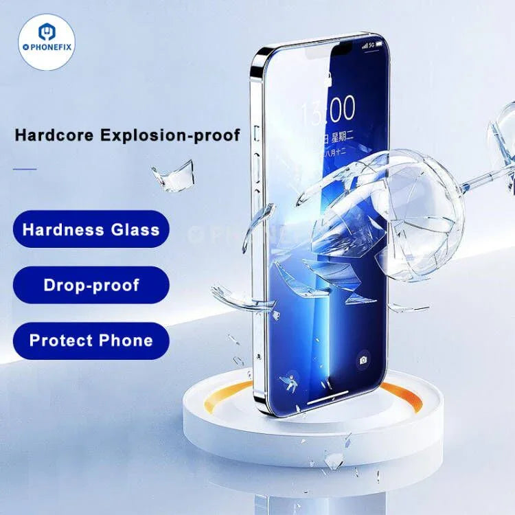 PHONEFIX HD anti-peep tempered glass screen protector for iPhone with dust-free cabin, providing privacy and screen protection.