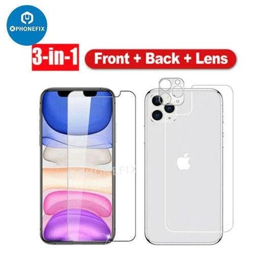 Front and back tempered glass screen protector for iPhone 8 to 15 Pro Max by PHONEFIX, showcasing clear, durable protection.