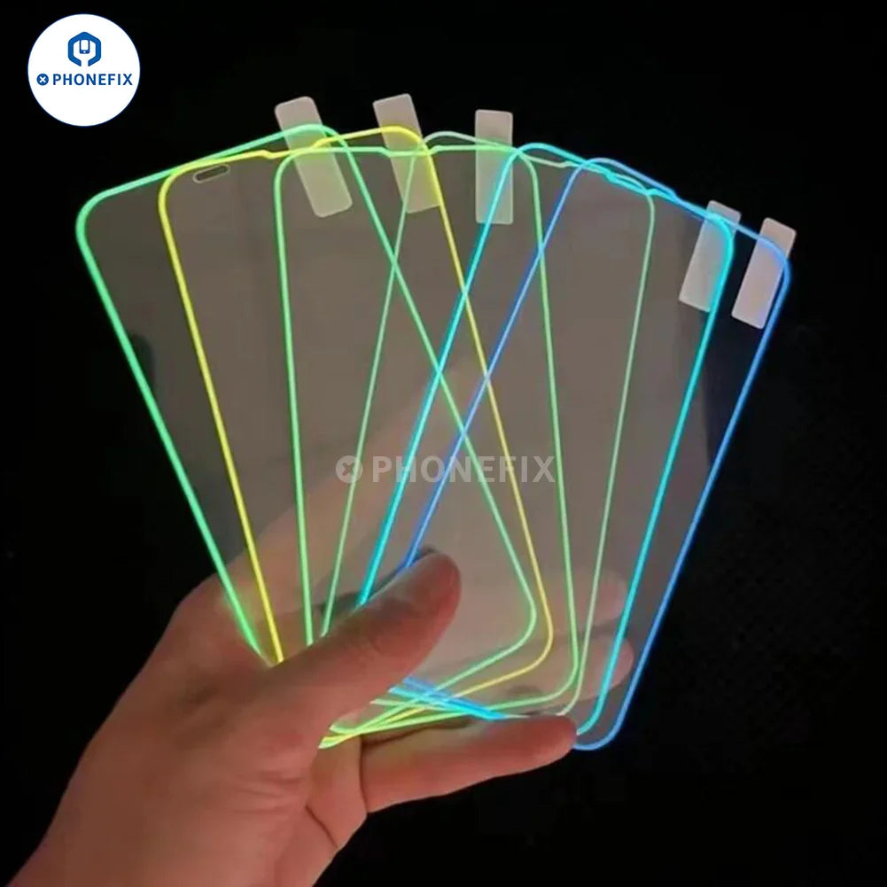 PhoneFIX full screen fluorescent luminous film for iPhone X to 15 Pro Max, showing the clear transparent screen protector on a device.