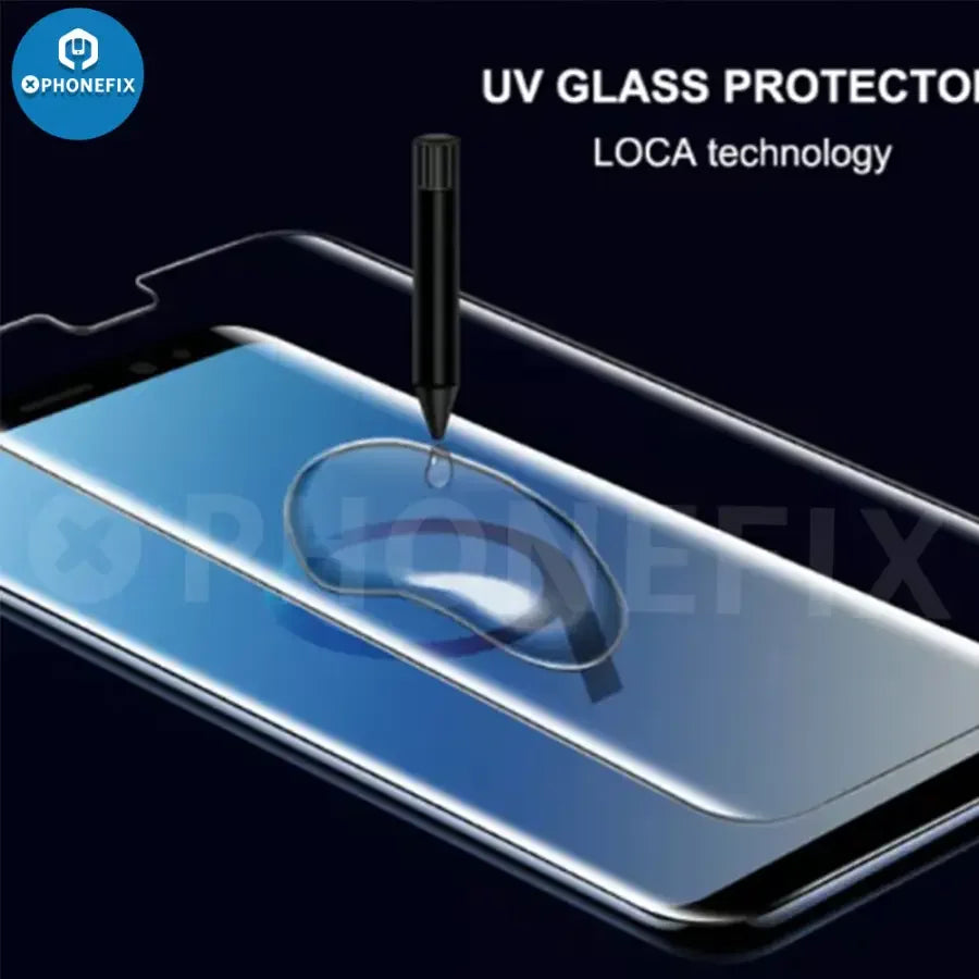 Samsung Galaxy screen protector film with UV glue and nano liquid for tempered glass protection, by PHONEFIX.