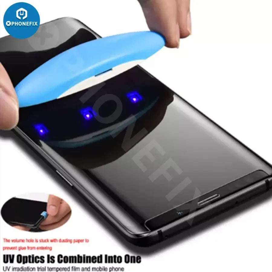 Samsung Galaxy screen protector film with UV glue, tempered glass, and nano liquid protective coating from PHONEFIX.