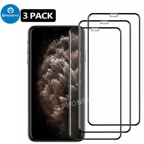 Three full coverage tempered glass screen protectors for iPhone X to iPhone 15 Pro Max by PHONEFIX, designed to protect and preserve the display.