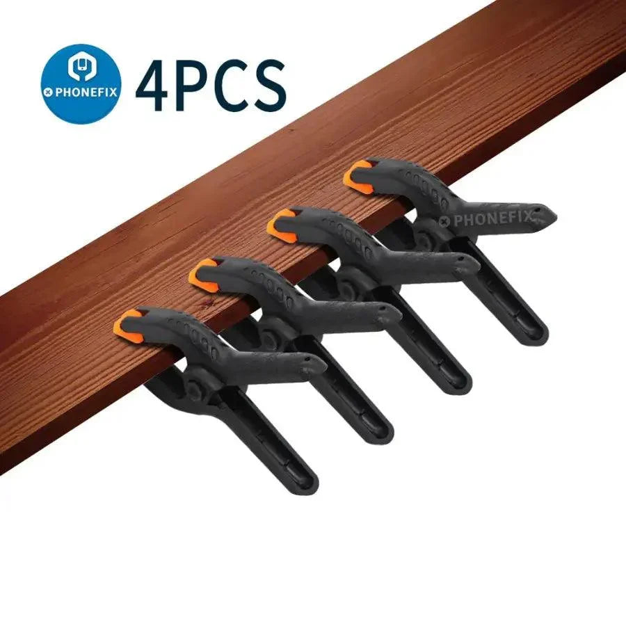 Set of 4 or 6 plastic A-type adjustable clips for wood working, part of PHONEFIX screen repair tools for holding and clamping.