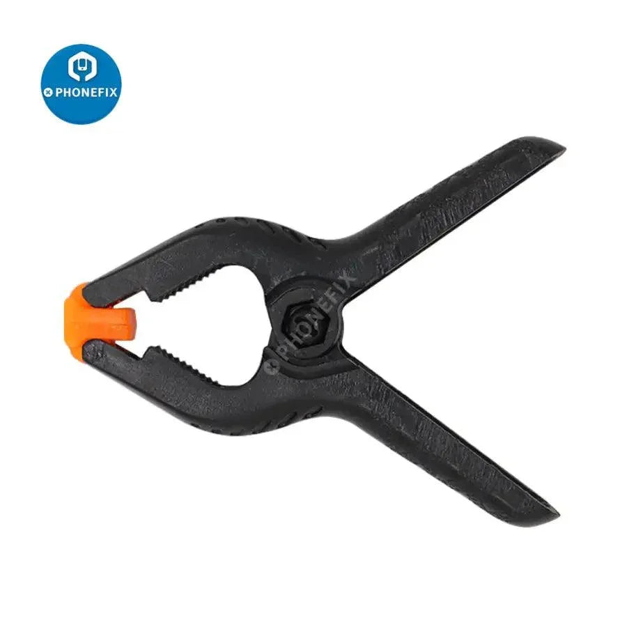 Set of 4 or 6 plastic A-type adjustable clamps for woodworking and screen repair by PHONEFIX, showing the clamps in use.