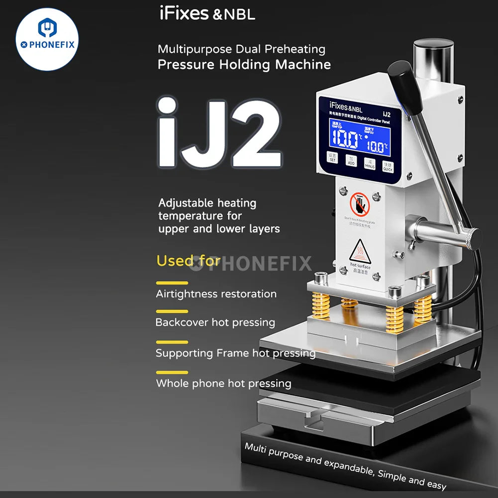 PHONEFIX iFixes iJ2 dual preheating holding pressure machine for screen repair, with control panel and heating plates visible.