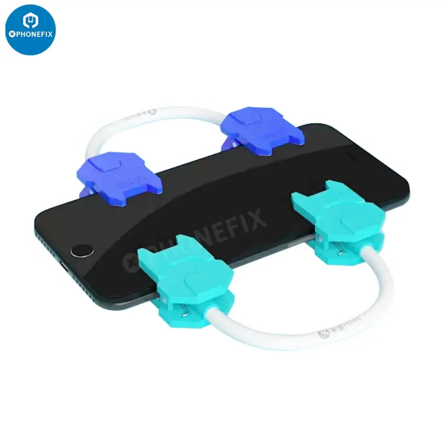 Mijing PM-11 LCD holder clip by PHONEFIX, flexible screen fastening clamp for phone repairs, shown in use on a smartphone screen.