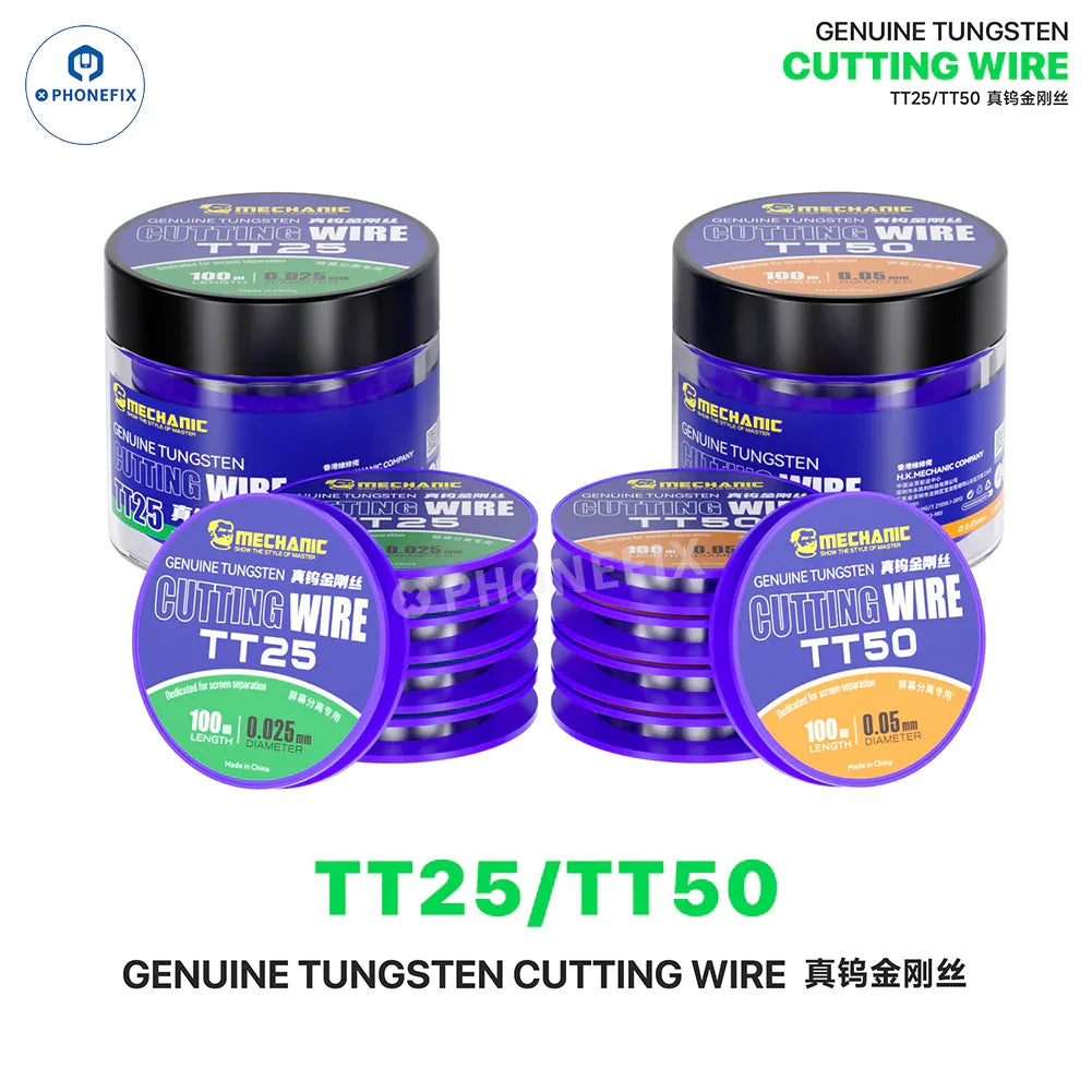 PhoneFix mechanic TT25 TT50 tungsten cutting wire for phone screen repair, used as a precision screen repair tool.