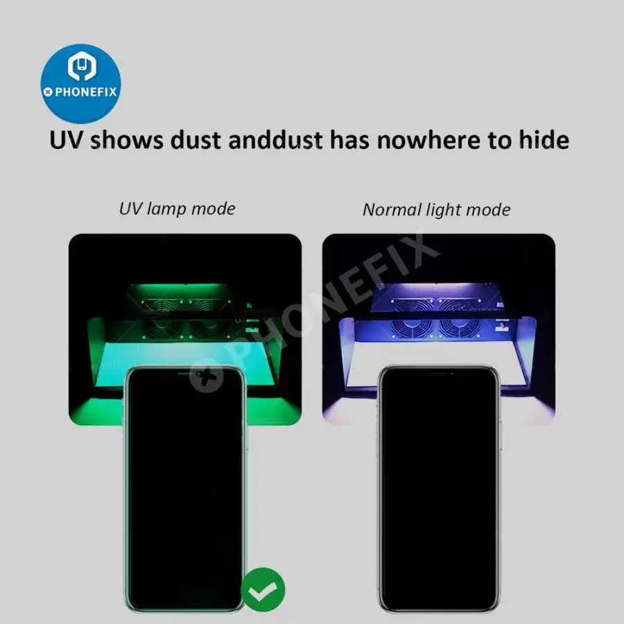 PhoneFix dust-free work table with UV lamp for LCD screen refurbishing, designed for clean, precise screen repairs.
