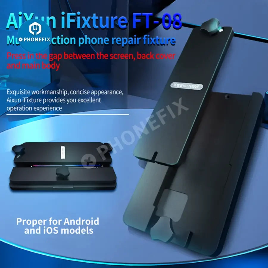 AIXUN AX-FT08 multi-function fixture for phone back cover glass repair, used as screen tool for mobile phone repairs.