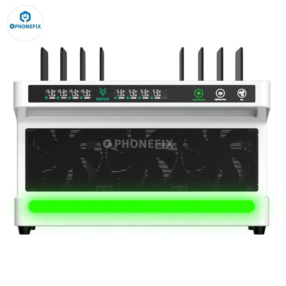 Refox DF-40 dust removal workbench for lighting, repairing, and UV curing, with screen tools and components, branded PHONEFIX.