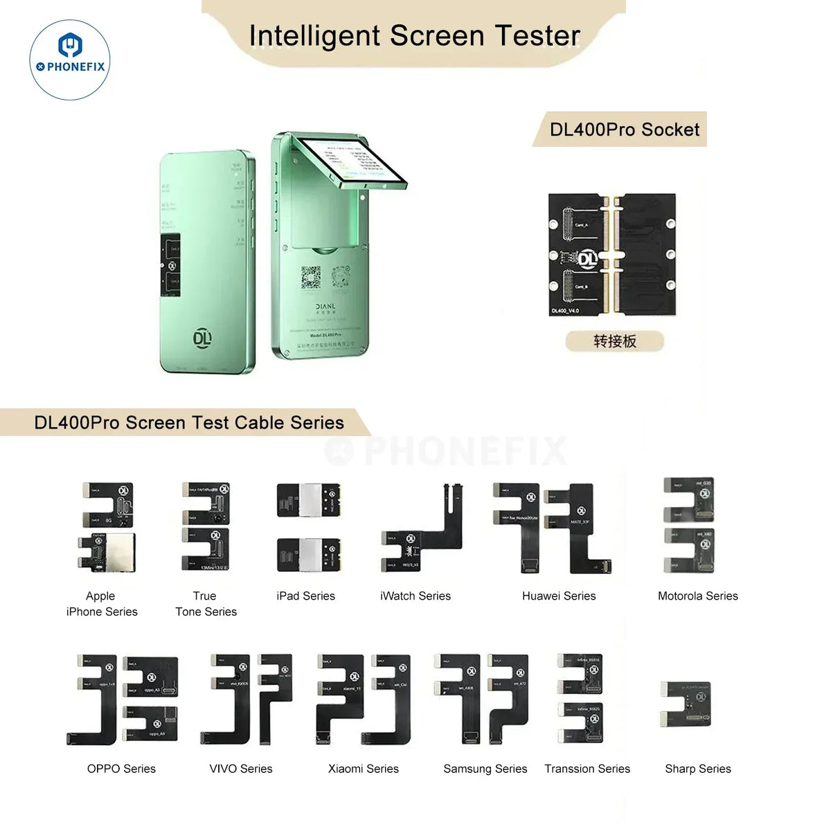 PhoneFix DL400 Pro iTestBox touchscreen tester for iPhone 6 to 16 Plus, featuring display and touch screen testing tools.