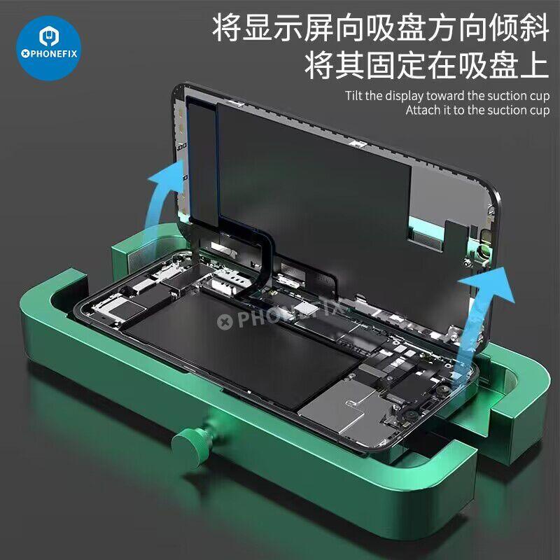 PhoneFix cell phone repair stand holder for iPad and iPhone LCD screens, used for screen repair and maintenance.