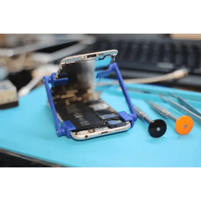 Two plastic adjustable fixture holders for phone disassembly tools, designed for secure screen repairs by PHONEFIX.