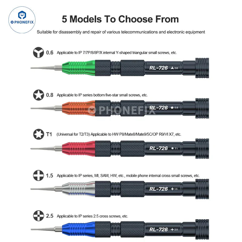RELIFE RL-726 3D torque screwdriver with magnetic bits, featuring ergonomic handle and precision tip for electronics repair.
