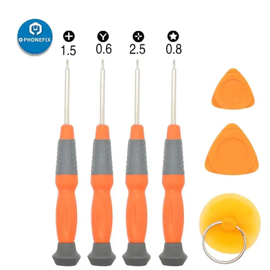 Set of 7 PHONEFIX precision screwdrivers and tools for phone screen and battery replacement, ideal for DIY electronics repairs.